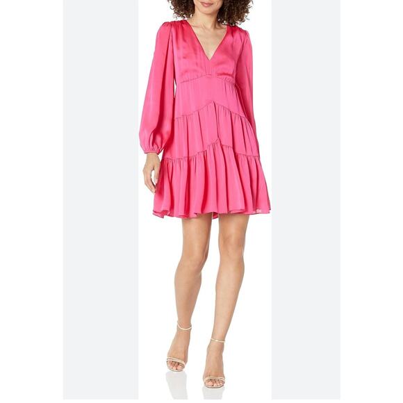 Trina Turk Women's Make Merry Tiered Mini Dress Medium Flamingo Pink Long Sleeve - Picture 1 of 16